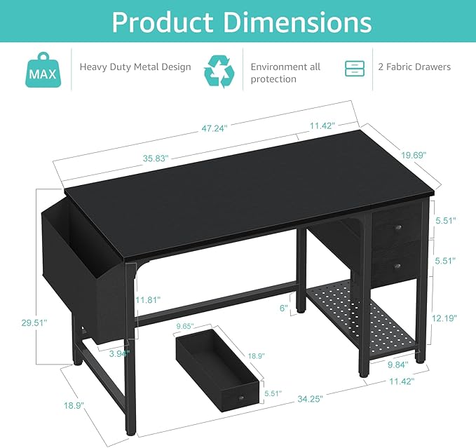Lufeiya Gaming Desk with Fabric Drawers 47 Inch Computer Desk for Home Office Modern Simple Study Writing Table PC Desks for Bedroom Black