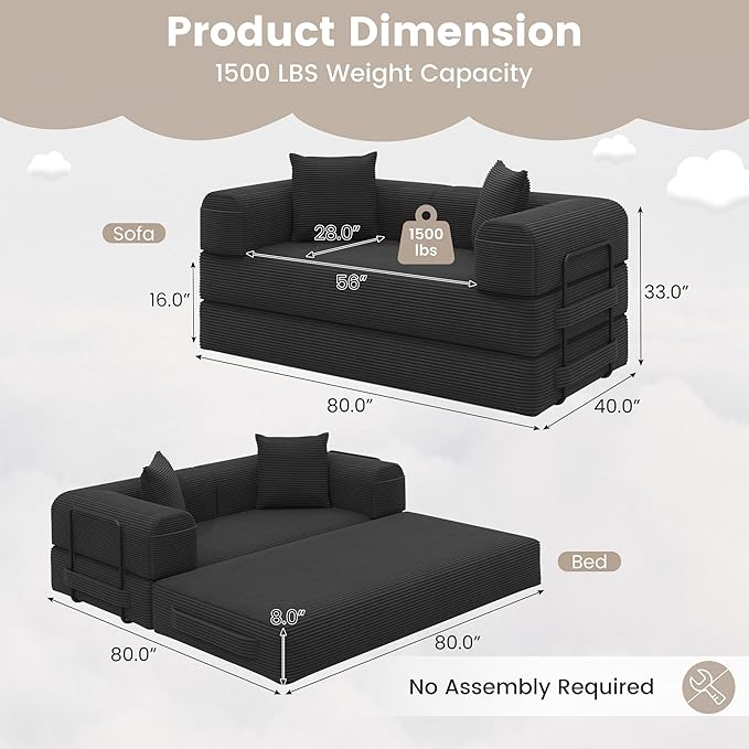 80 Convertible Sofa Bed 5 in 1 Modular Boneless Couch Sleeper Sofa Bed with Fixed Frame &amp Removable Backrest Pillow Washable Corduroy Futon Sofa Bed Couch in a Box for Small Spaces Dark Black
