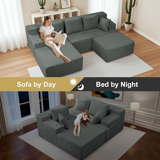 Boneless Couch Cloud Modular Sectional Sofa Modern Convertible L Shaped 3 Seat Corduroy Deep Seat Boneless Couches with 5 Pillows for Living Room Apartment (Dark Gray Left Facing Chaise+Ottoman)