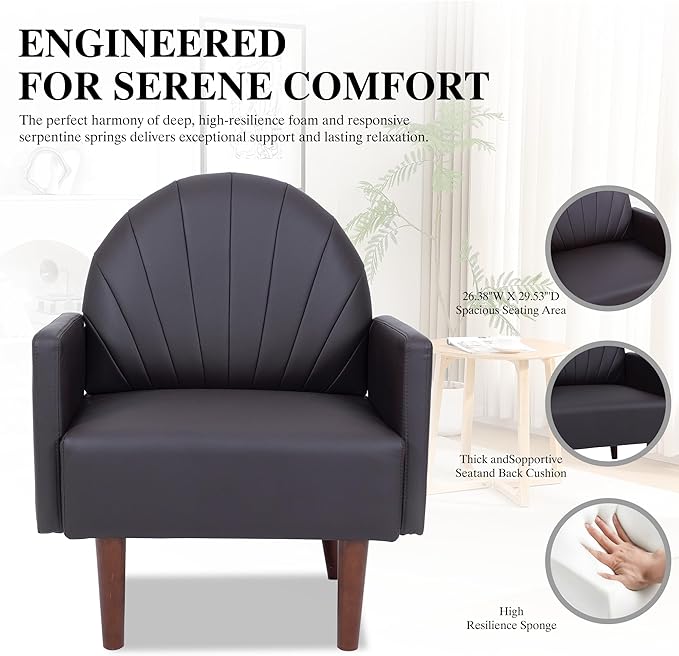 Mid-Century Accent Chair Faux Leather Armchair - Shell-Shaped Back Waterproof PU Leather Modern Retro Lounge Chair for Living Room Office Bedroom &amp Waiting Room