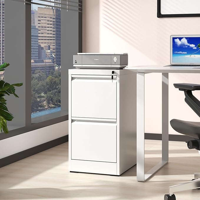 2 Drawer Small File Cabinet with LockUnder Desk Storage Organizer Metal Filing Cabinets for Home Office Locking Drawers for A4 Legal/Letter SizeWhite