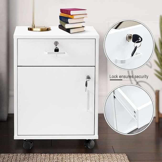 Mobile 2 Drawer File Cabinet with Lock Wooden Under Desk Filing Cabinet with Wheels Small Rolling Storage Cabinet for Home Office Organizer A4/Letter Size/Legal White