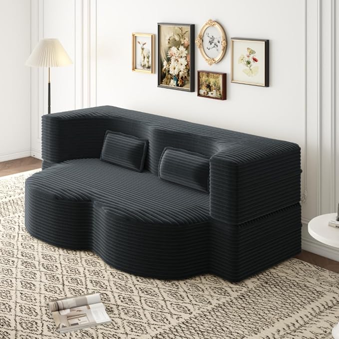 Convertible Sofa Bed Full Size｜78 Sleeper Couch with 2 Pillows｜Corduroy Fabric Folding Sofa Bed｜High-Density Foam｜No Assembly｜Space-Saving｜for Living Room Guest Room｜Dark Grey