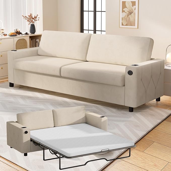 BALUS Pull Out Sofa Bed 2-in-1 Convertible Sofa Couch with Memory Foam Mattress Queen Size Sleeper Couch with Inbuilt Cup Holder &amp USB Ports for Living Room White