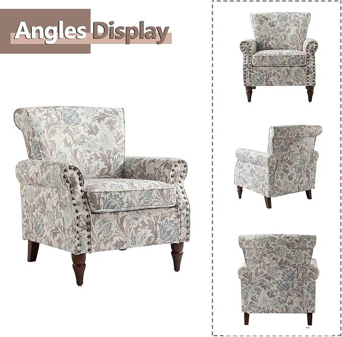 HULALA HOME Modern Wingback Accent Chair with Wood Legs &amp Removable Cushion Comfy Upholstered Armchair with Nailhead Trim Floral Pattern Single Sofa Chair for Living Room Bedroom Grey