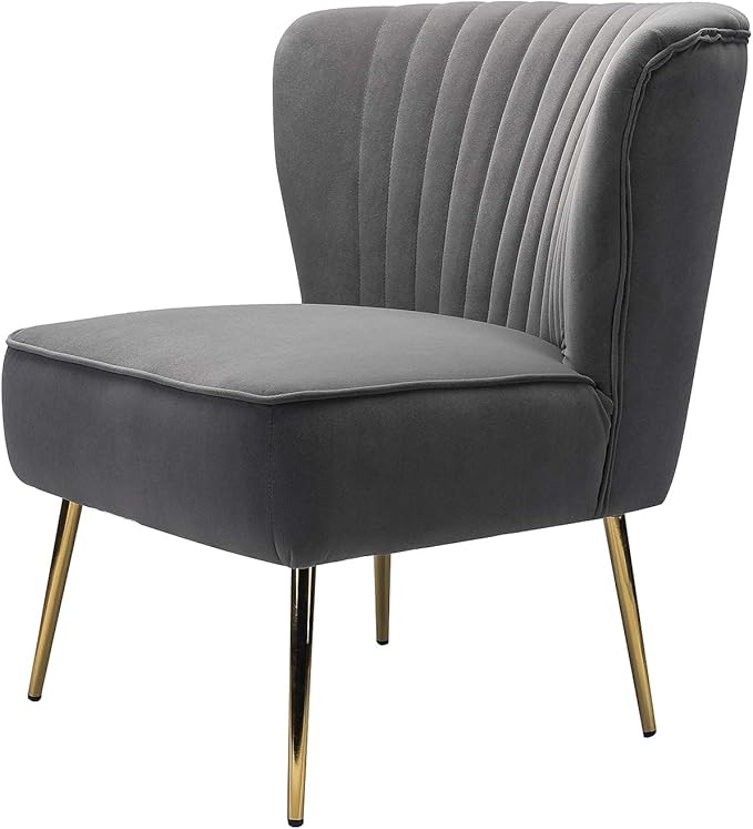 TINA'S HOME Monica Velvet Accent Chair Set of 2 Mid Century Side Chair Comfy Upholstered Living Room Chair with Golden Legs Wingback Armless Slipper Chair for Bedroom Guest Room- Grey