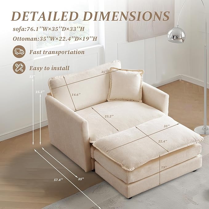 SoarFlash Chenille Sectional Sofa Comfy Modular Single Sofa with Ottoman Modern Recliner Deep Seat Sofa Set for Living RoomLight Coffee