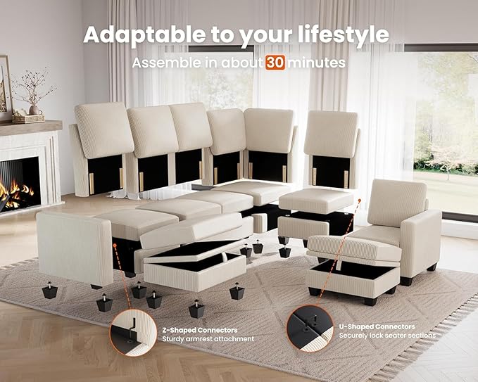 CHIC HOUSE Middle Module for Modular Couch Corduroy Customizable Chaise Storage Ottoman for Sectional Sofa Armrest Single/Double Seater