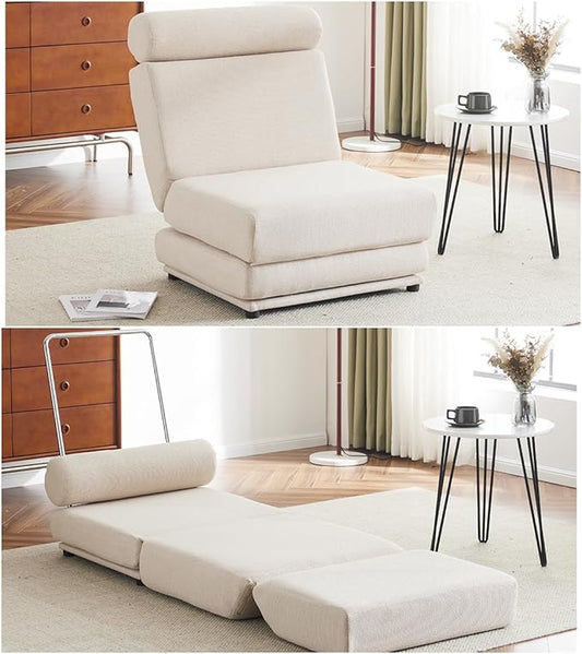 Single Sofa Chair Foldable Single Sofa Bed with PillowPortable Foldable Sofa BedLeisure Sofa ChairEasy to StoreMade of Breathable and Wearable Linen Cream White