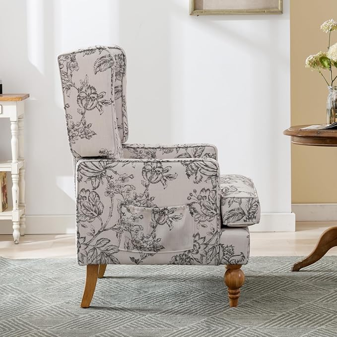 LukeAlon Button Tufted Linen Accent Chair Upholstered Club Chair with Wooden Legs Vintage High Wingback Reading Chair Comfy Armchair with Pocket for Living Room Bedroom Floral Beige
