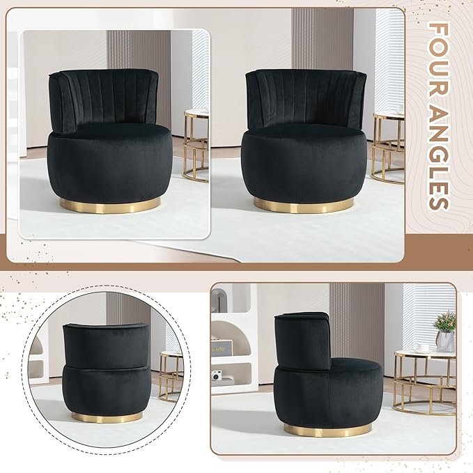 Velvet Swivel Barrel Chair Modern Upholstered Accent Chair 360° Swivel Round Lounge Chair with Gold Metal Base Comfy Arm Chair Sherpa Chair for Nursery Living Room Bedroom Club Office Black