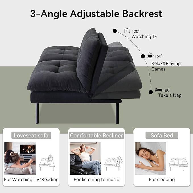 Convertible Futon Sofa BedMemory Foam Linen Fabric Futon Couch with Adjustable BackrestFolding Loveseat Sleeper Recliner for for Living RoomOfficeApartmentDeep Black