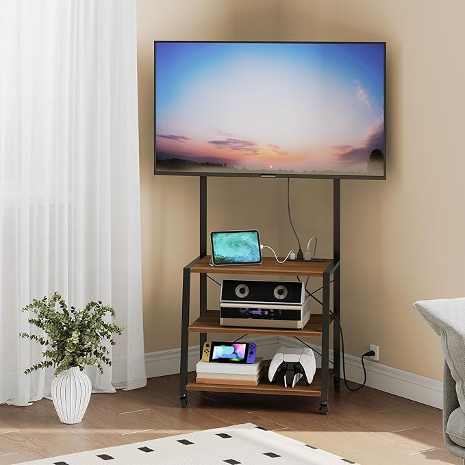 HOOBRO Rolling TV Stand with Mount and Power Outlet Up to 55 inch TV Corner Entertainment Center Small TV Stand with 3-Tier Storage Shelves for Living Room Bedroom Black and Walnut BH66UDS01