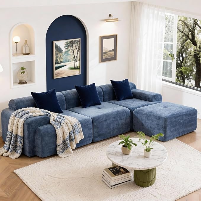 118 Cloud Sectional Couch for Living Room L-Shaped Modern Modular Sectional Sofa Boneless 4-Seater Lounge Couch with Deep Seat and Movable Ottoman No Assembly Blue