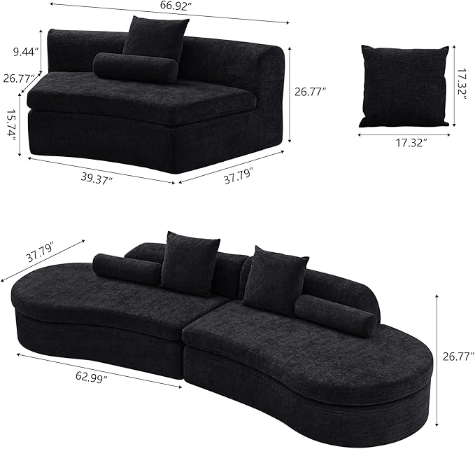 Modern 260 Curved Modular Sectional Sofa Extended 4-Seater Sofa Seats Up for 8 Chenille Foam Curved Modular Couch with Pillow for Apartment Living Room BedroomOffice (L+2M+R Black)
