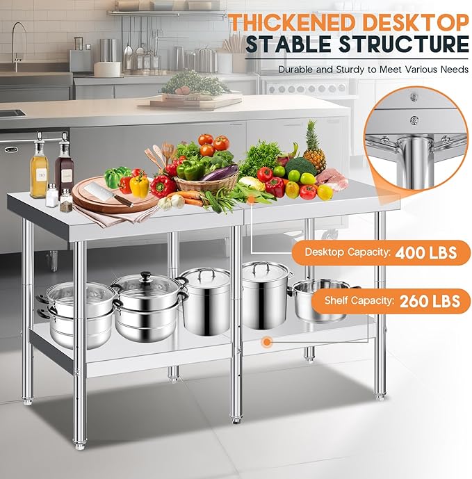 Jocisland 30 x 60 Stainless Steel Table for Prep &amp Work NSF Certified Adjustable Under Shelf and Feet for Commercial Kitchen Restaurant Hotel and Garage