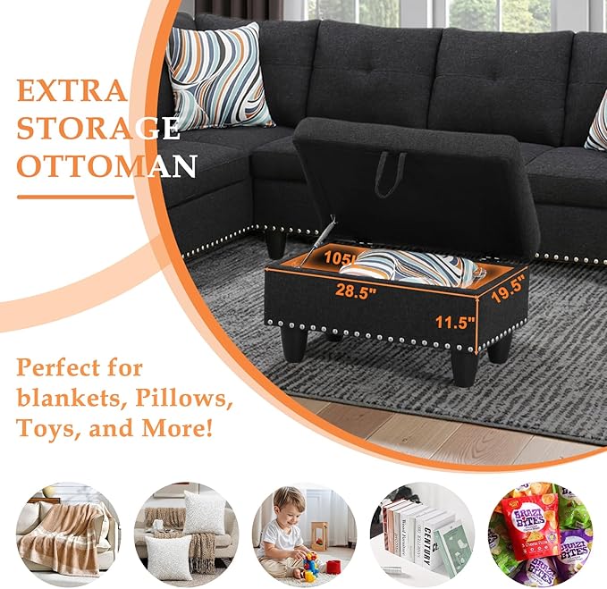 Wakefit Sectional Sofa Couch Modern 4-Seaters Living Room Furniture Sets with Chaise Lounge Ottoman &amp 2 Pillows | L Shape Couch | Cup Holder | Linen Fabric Charcoal Gray