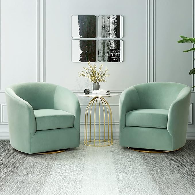 HULALA HOME Swivel Accent Chair with Gold Metal Base Set of 2 Contemporary Velvet Curved Swivel Barrel Chair Upholstered Club Armchair Leisure Single Sofa for Living Room Nursery Bedroom(SAGE)