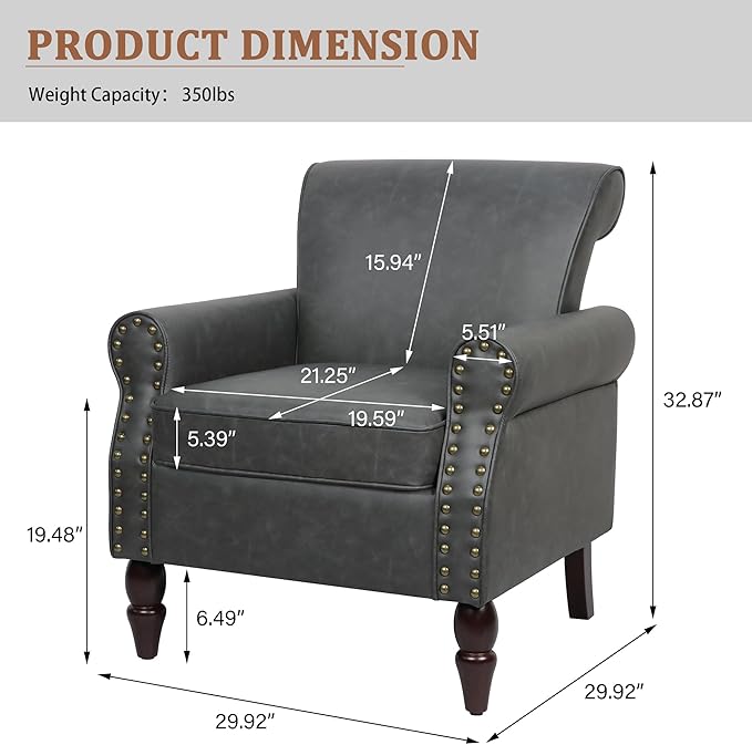 Accent Chair Mid Century Modern Faux Leather Arm Chair with Wood Leg for Living Room Bedroom Comfy PU Leather Club Reading Chairs with Wingback &amp Nailhead Trim (Leather Black Set of 1)