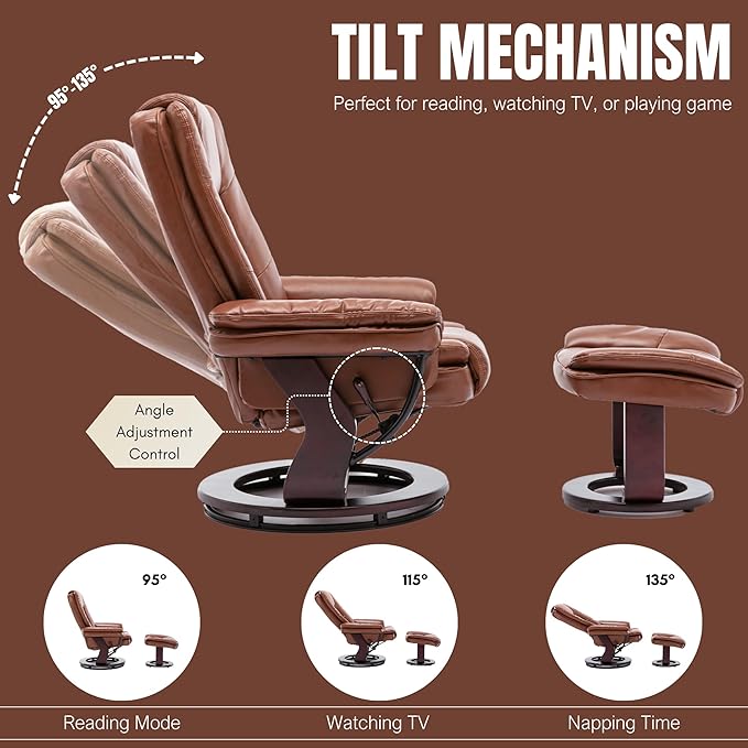 Argus Swivel Recliner with Ottoman PU Leather &amp Wood Base Reclining Chair with Footrest Ultra-Plush Double Foam for Living Room Bedroom and Office Set of 1