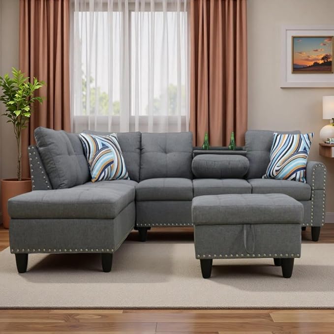 L-Shaped Sectional Sofa with Movable Chaise &amp Storage Ottoman Lounge 3-Piece Modular Convertible Couches for Living Room Apartment &amp Office Dark Grey