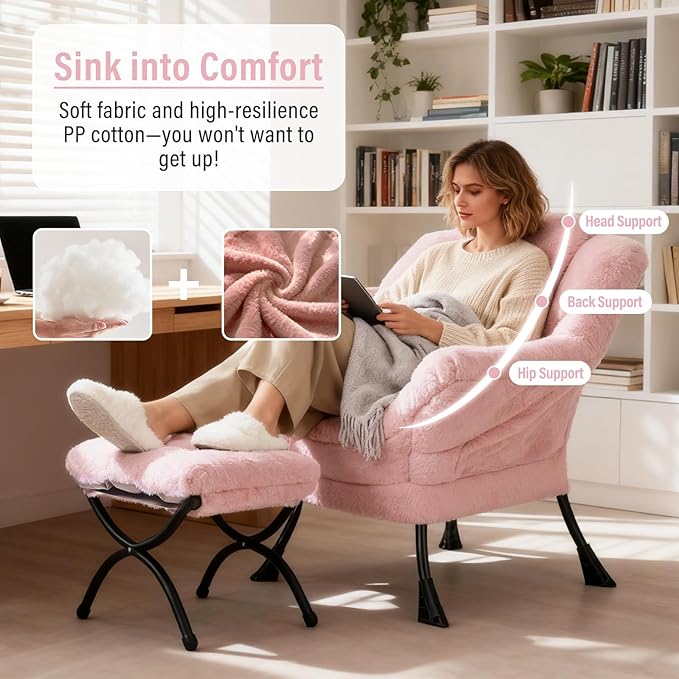 Lazy Chair with Ottoman Modern Accent Chair with Armrests and a Side Pocket Plush Pink Accent Chairs Reading Chairs Oversized Armchairs for Bedroom Study Living Room Courtyard