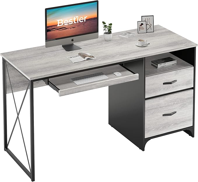Bestier Office Desk with Drawers 55 inch Industrial Computer Desk with Storage Wood Teacher Desk with Keyboard Tray &amp File Drawer for Home Office Light Gray Oak