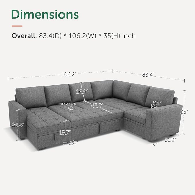 HONBAY Modular Sectional Couch with Pull Out Bed Sleeper Sofa with Storage U Shaped Modular Sectional Couches for Living RoomMid Grey