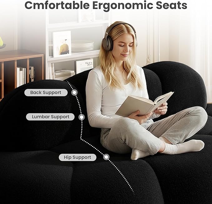 Floor Couch Modern Curved Loveseat Sofa Lazy Sofa Round Floor Sofas Cloud Memory Foam Couches for Living Room Apartment Small Spaces (No Assembly Black)