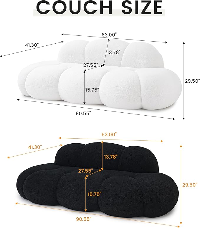 Boneless Small Couch for Bedroom 90 Modern Curved Boucle Couch Comfy Upholstered Cloud LoveSeat Floor Sofa Deep Seat Leisure Bubble Couches for Living Room Small Space (White+Black)