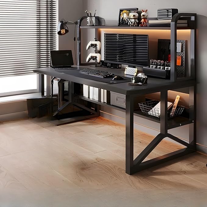 LITFAD Rectangular Wooden Office Desk Modern Computer Desk with Metal Frame and Bookshelf Writing Desk for Home Office - 1 Piece Black 31.5 L x 19.7 W x 50.4 H Desk only