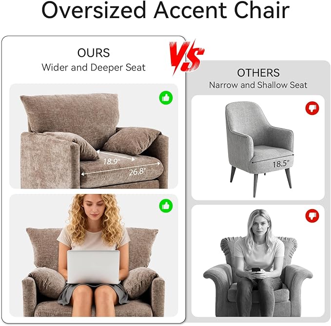 Chenille Oversized Armchair 34 Wide Accent Chair for Living Room Bedroom Modern Upholstered Lounge Chair Mid-Century Reading Chair Comfy Single Sofa Chair Brown