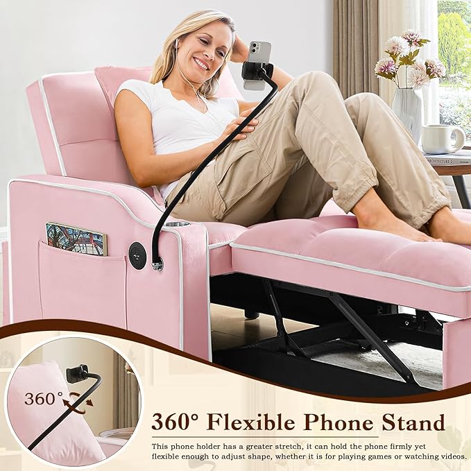 KINFFICT Sleeper Sofa Chair Bed Convertible 3-in-1 Sofa Armchair Adjustable Sleeper with Pullout Bed Single Lounger Futon with Side Pockets for Living Room (Pink)