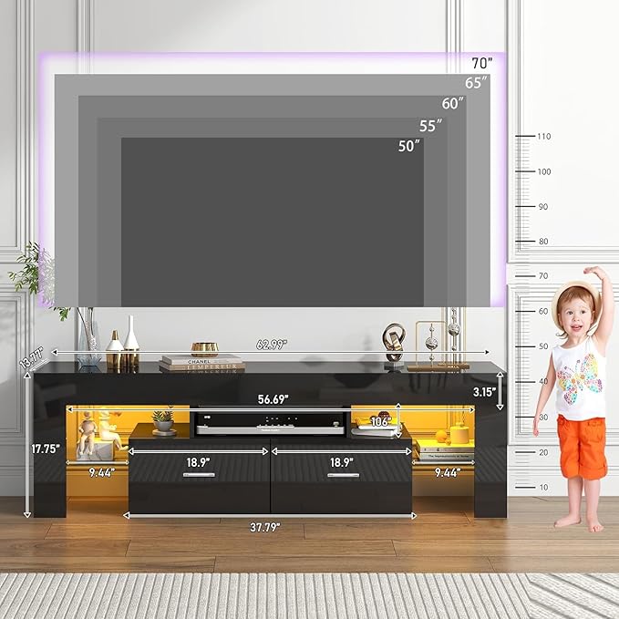 Black 63 Inch Floating TV Stand with Two Drawers &amp 16-Color LED Lights Large Modern Entertainment Center for TVs Up to 75 Inches Wooden Media Console with Open Shelf