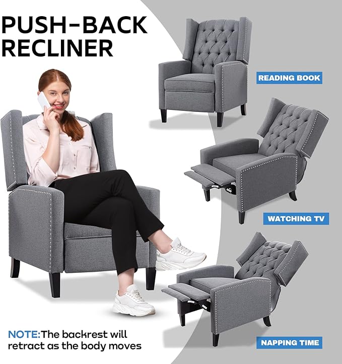 Grey Mid Century Modern Recliner Wingback Accent Chair with Push Back Mechanism Button Tufted Fabric Sofa &amp Nailhead Trim - Comfy Living Room Seating for Home Theater Office