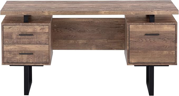 BOWERY HILL Computer Desk 60 in Wide Metal Legs Brown Reclaimed Wood-Look Finish Storage Drawers Thick-Panel Floating Top Reversible Configuration Modern Style Home Office Writing Desk