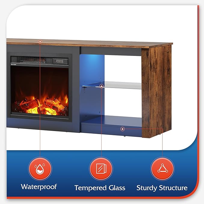 WLIVE Fireplace TV Stand for 65 Inch TV 58 Entertainment Center with Fireplace Modern TV Stands for Living Room Entertainment Center with Glass Shelves Rustic Brown