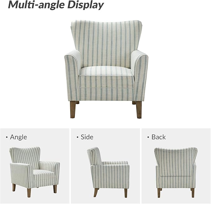 HULALA HOME Farmhouse Wingback Accent Chair Upholstered Striped Armchair with Solid Wood Legs Thick Seat Cushion for Living Room or Bedroom Blue