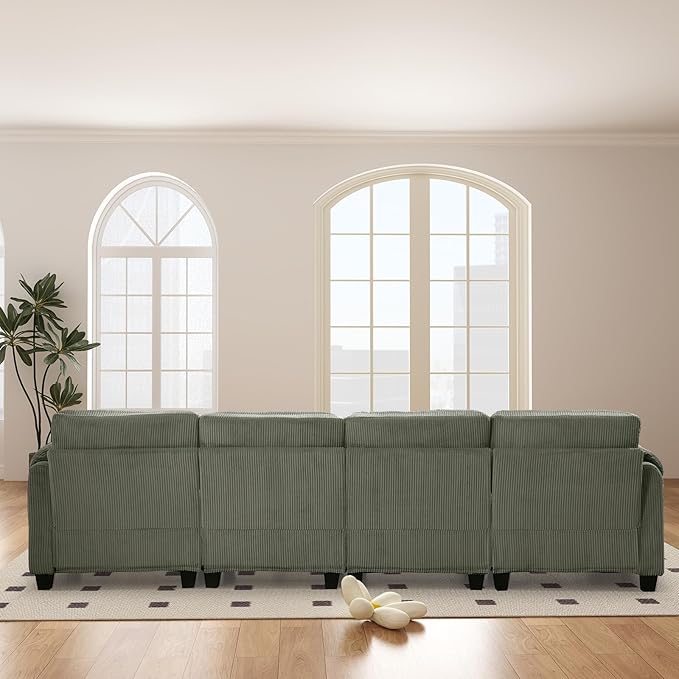 87 Modular Sectional U Shaped Sofa with 2 Movable Ottoman Corduroy 5-Seater Couches with Thick Cushion for Living Room Green
