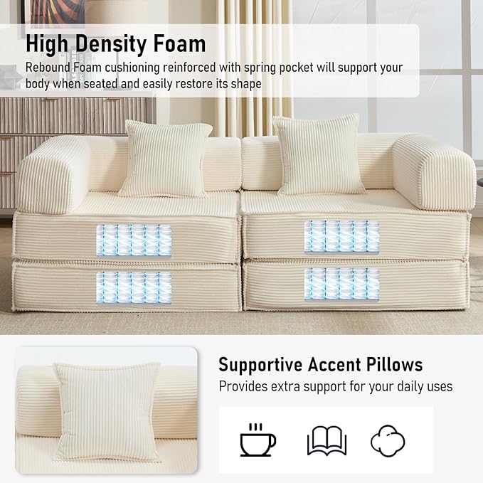 78 Convertible Sleeper Sofa Bed Modular Corduroy Couch with 2 Pillows Compressed Floor Sofa for Living Room Bedroom (Beige)