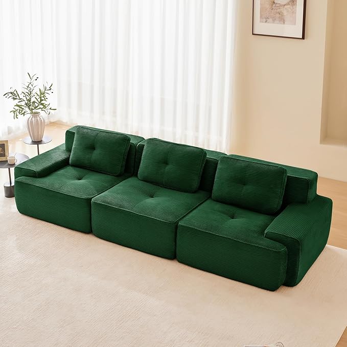 117 Modern Compressed Boneless Couch 3 Seater Sectional Couches for Living Room Green Corduroy Cloud Modular Sectional Sofa Comfy Memory Foam Extra Deep Sofas para Sala No Assembly