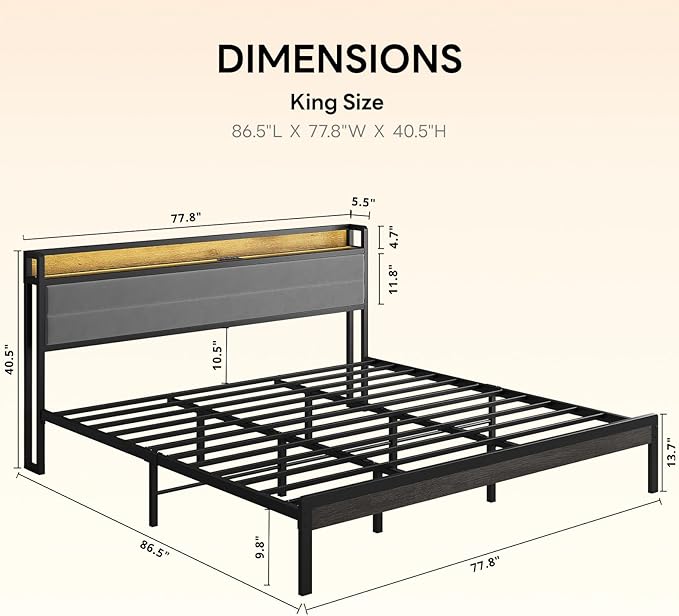 LIKIMIO King Size Bed Frame with Storage Headboard &amp LED Lights Metal Platform Bed with Charging Station Noise Free No Box Spring Needed Under Bed Storage Charcoal Gray