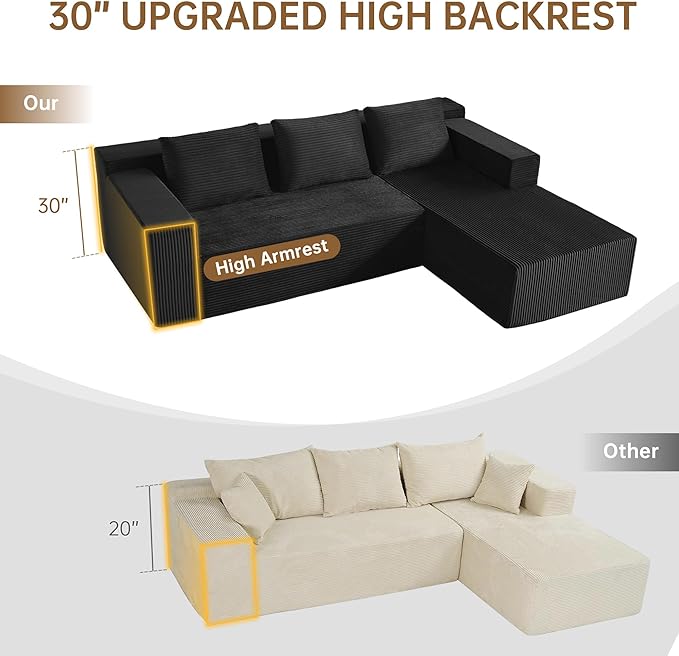103 Cloud Sectional Sofa Boneless L-Shape Couch with Chaise Modern Minimalist Modular Couch for Living Room Free Combination Deep Seat No Assembly Required Premium Corduroy Black R