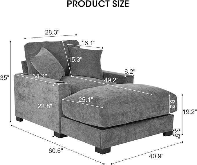 41 Inches Chaise Lounge Indoor Comfy Reading Chair with 2 PillowsUSB Charger Cup Holder Adjustable Backrest Sofa Bed Lazy Chair Sleeper Couch for Apartment Grey Polyester