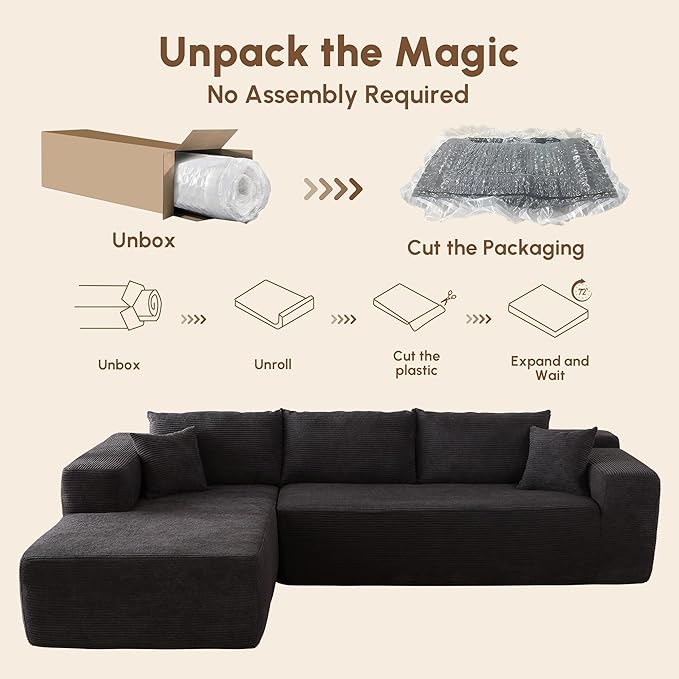 106 Cloud Sectional Couches for Living RoomL Shaped Boneless Couch with Comfy ChaiseModular Sofa with Deep Seat No Assembly RequiredBlack