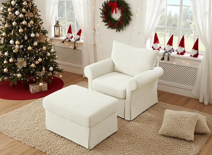 35.8 Accent Chair with Ottoman Set Comfy Chenille Upholstered Armchair with Rolled Arms Modern Single Reading Chair for Living Room Bedroom Apartment Beige