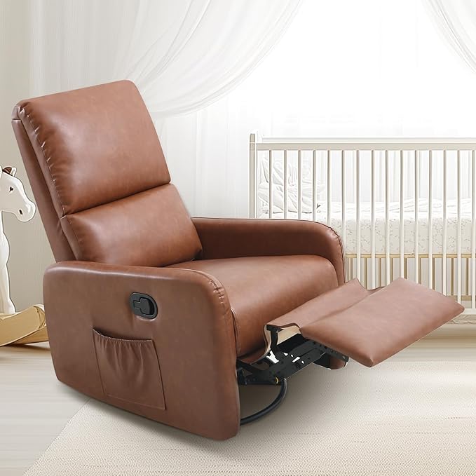 Jocisland Swivel Glider Rocking Recliner Chair for Adults Nursery Rocker Reclining Comfy Upholstered Single Sofa Armchair for Living Room Bedroom Nursing Leather Brown