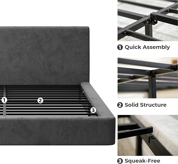 RECCI AirFrame Queen Bed Frame with Ergonomic Angled Foam Cushioned Headboard Minimalist Design Platform Bed Frame No Box Spring Needed Easy Assembly (Moon Grey)
