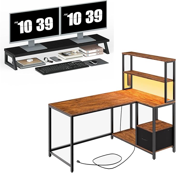 HOOBRO L Shaped Gaming Desk and Monitor Stand Bundle Desk with LED Light &amp Power Outlet Desk Shelf Organizer for Office DeskStudy BF18UDDN01-BB121CJ01