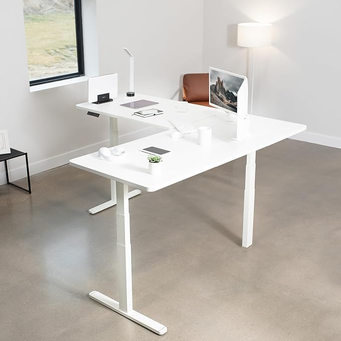 VIVO Electric Height Adjustable 77 x 71 inch Corner Stand Up Desk 2 White 30 inch Deep Table Tops White Frame Memory Controller L-Shaped Workstation 3E Series DESK-KIT-3E7W